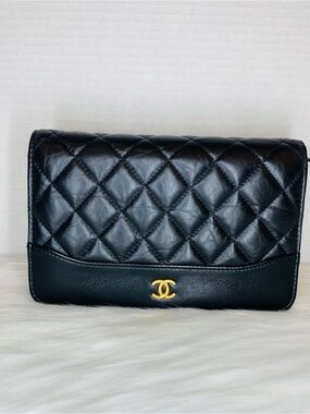 CHANEL Gabrielle WOC Black Quilted Leather Clutch with Gold CC